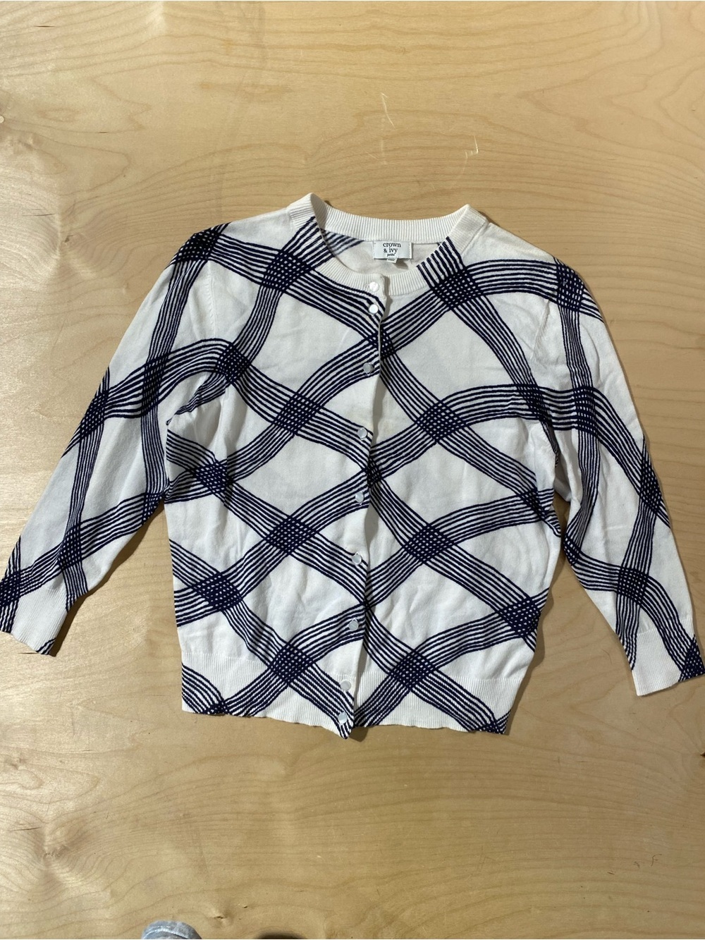 crown & ivy White and Navy Striped Plaid Cardigan PM (RZ)